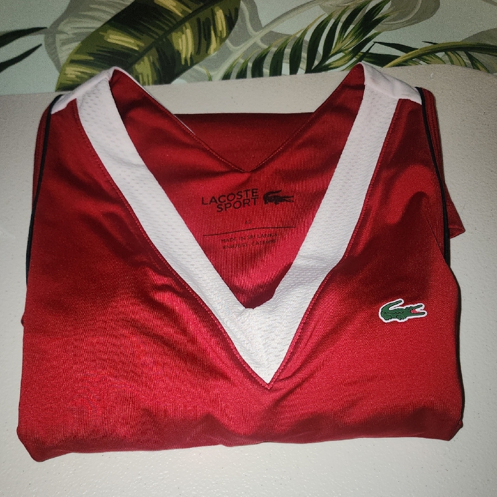 Lacoste Sport Red and White V-Neck Tennis Top